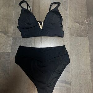 EUC Victoria Secret size XS Black Bikini Swimsuit with V gold accent top